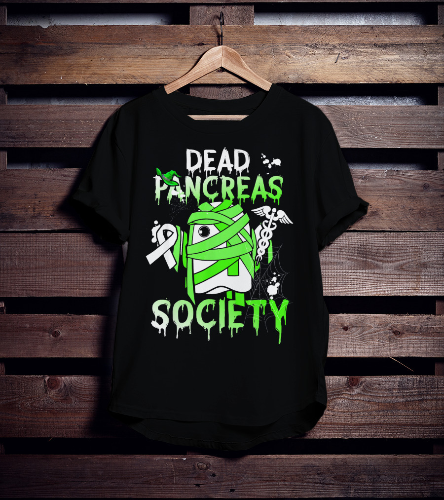 Dead Pancreas Society Halloween Ghost Design With Green Mummy And Medical Symbols T-Shirt