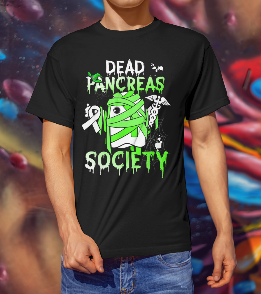 Dead Pancreas Society Halloween Ghost Design With Green Mummy And Medical Symbols T-Shirt