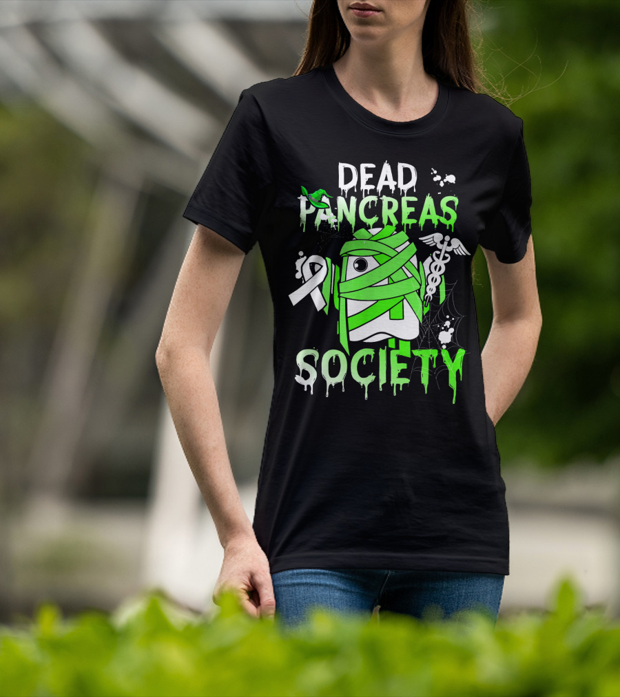Dead Pancreas Society Halloween Ghost Design With Green Mummy And Medical Symbols T-Shirt