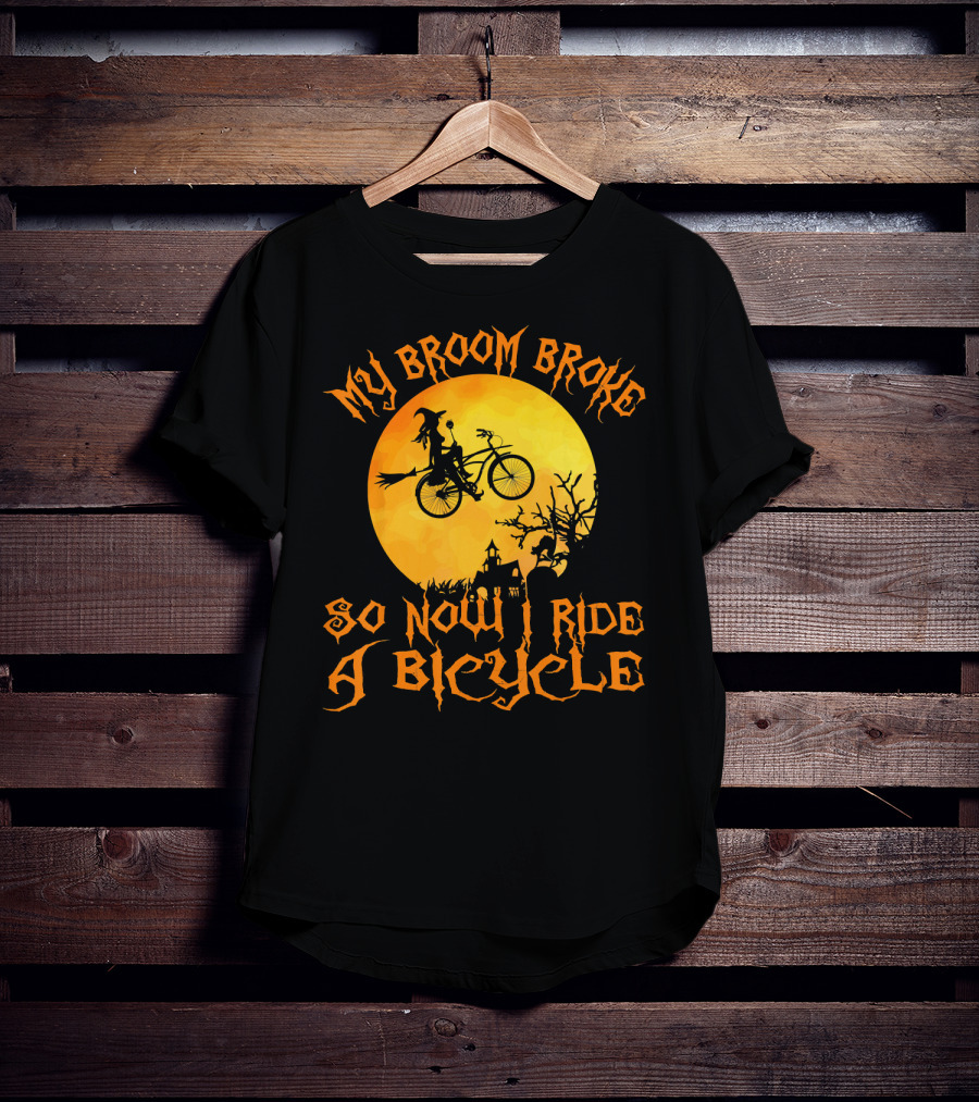 My Broom Broke So Now I Ride A Bicycle Witch Silhouette Full Moon Spooky Scene T-Shirt