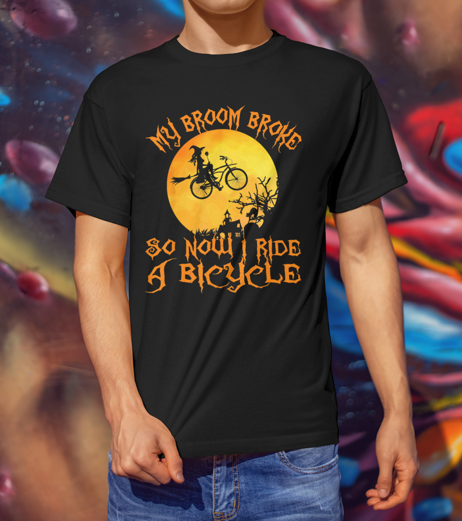 My Broom Broke So Now I Ride A Bicycle Witch Silhouette Full Moon Spooky Scene T-Shirt