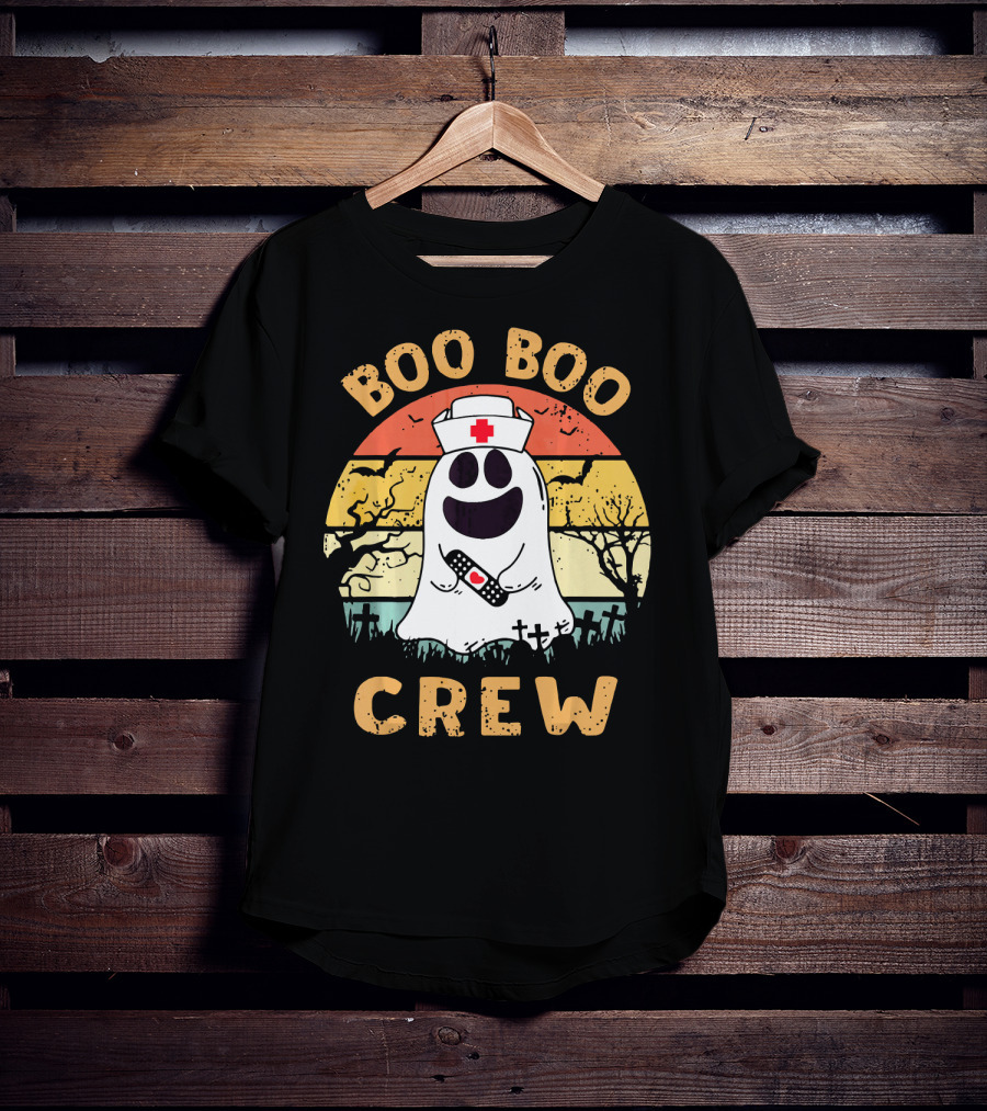 Vintage Halloween Boo Boo Crew Ghost Nurse With Bandage T-Shirt
