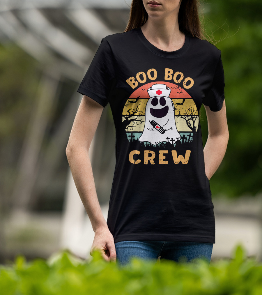 Vintage Halloween Boo Boo Crew Ghost Nurse With Bandage T-Shirt
