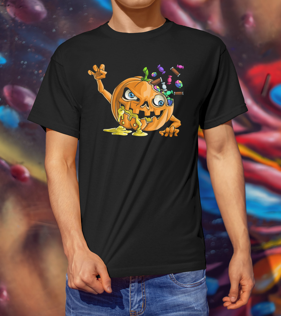 Zombie Pumpkin Funny Halloween Horror Scary Candy Explosion T-Shirt