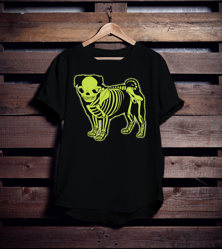 Pug Skeleton Neon Glow Canine Bones T-Shirt