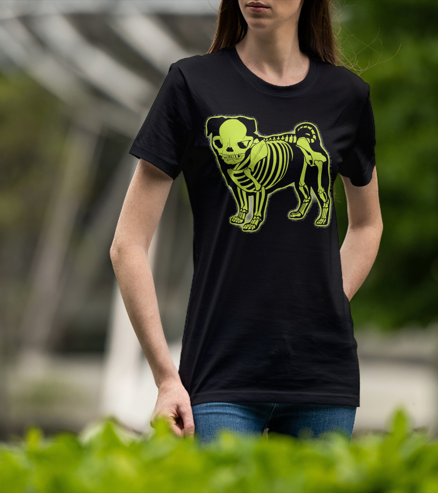 Pug Skeleton Neon Glow Canine Bones T-Shirt