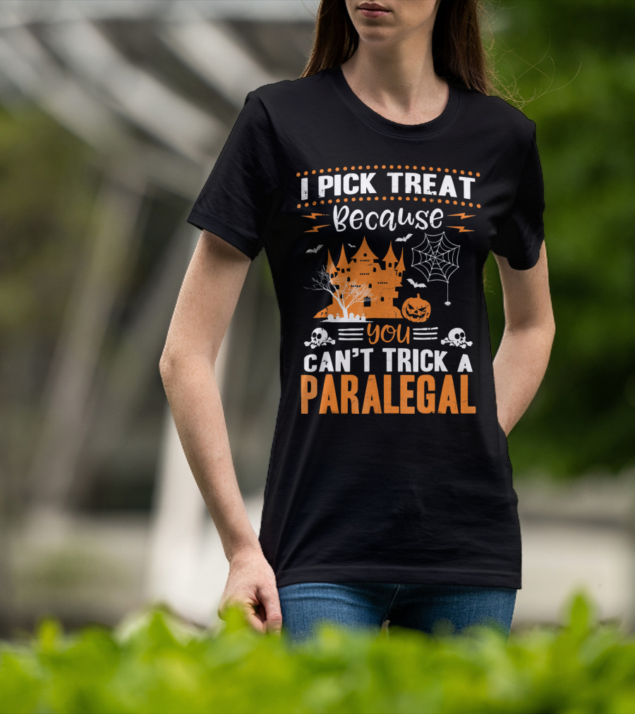 I Pick Treat Because You Can't Trick A Paralegal Halloween Castle Pumpkin Skulls T-Shirt