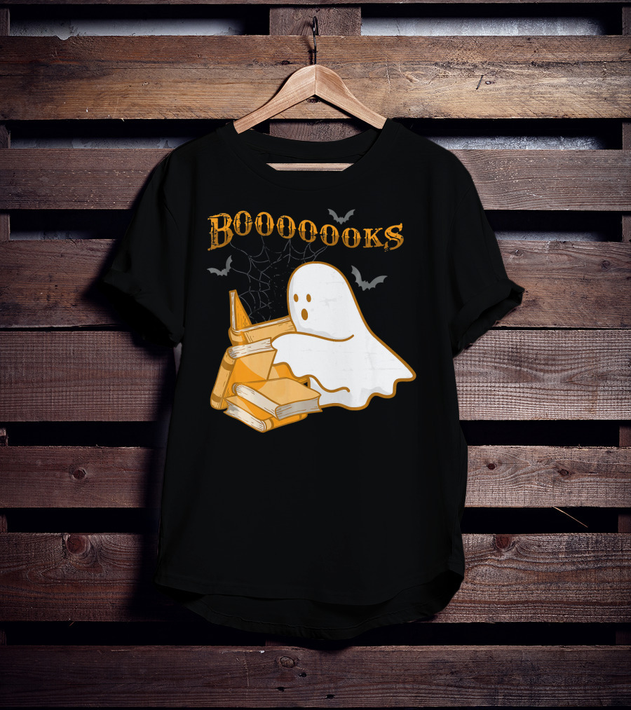 Booooooks Ghost Reading Bat Halloween Teacher T-Shirt