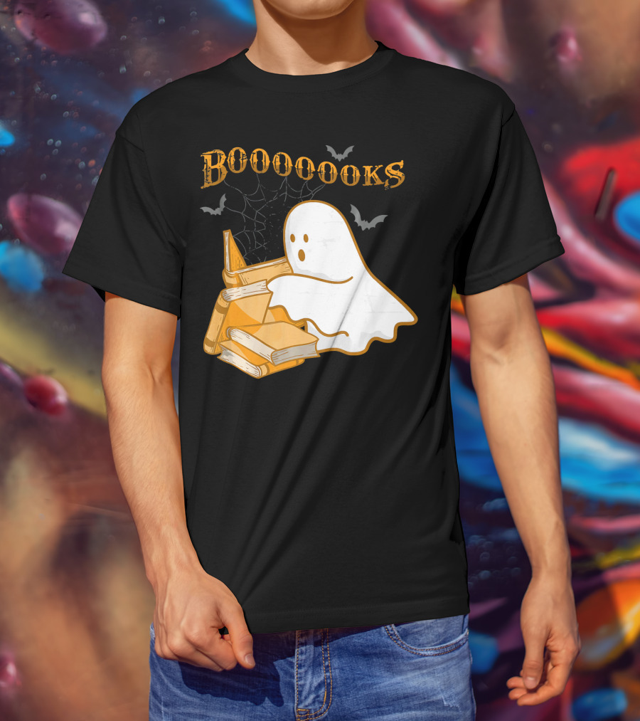 Booooooks Ghost Reading Bat Halloween Teacher T-Shirt