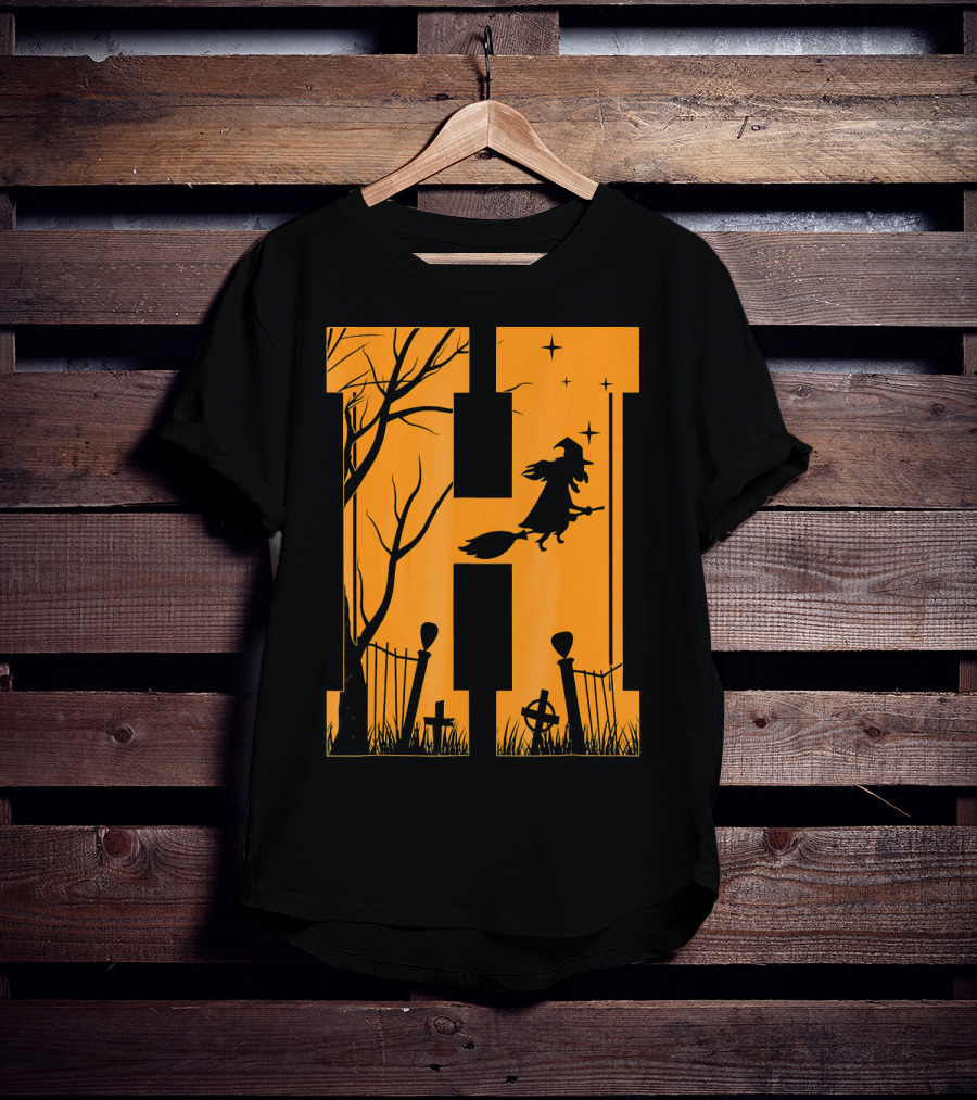 Letter H Halloween Witch Graveyard Scene T-Shirt