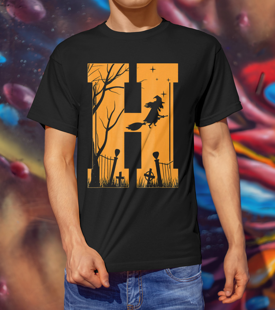 Letter H Halloween Witch Graveyard Scene T-Shirt