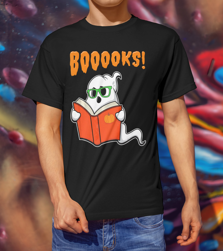 Booooks Ghost With Green Glasses And Pumpkin Book Funny Teacher Halloween T-Shirt