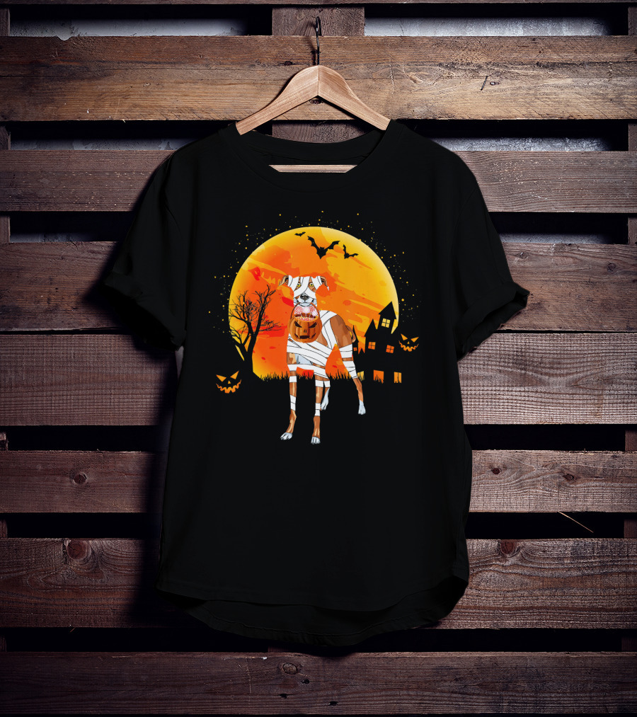 Greyhound Boo Halloween Dog Mummy With Pumpkin Against Full Moon And Haunted House T-Shirt
