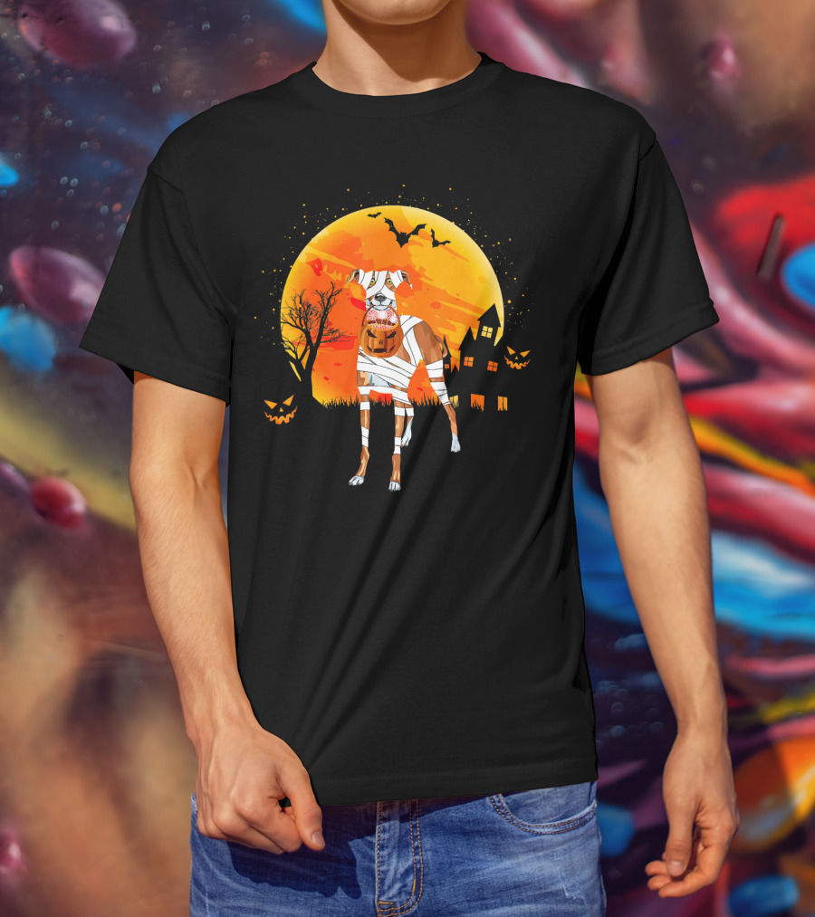 Greyhound Boo Halloween Dog Mummy With Pumpkin Against Full Moon And Haunted House T-Shirt