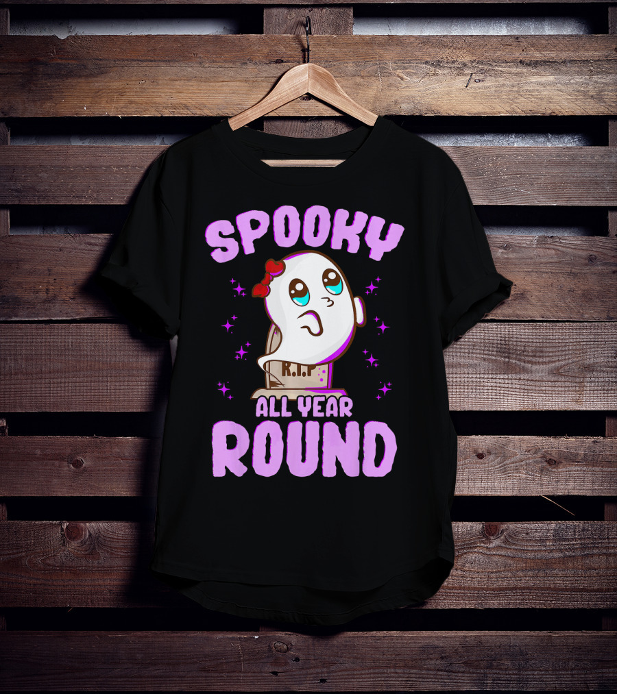 Spooky All Year Round Kawaii Ghost With Glittering Stars And Gravestone T-Shirt