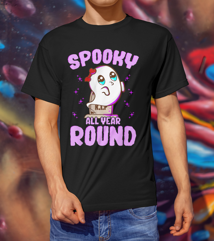 Spooky All Year Round Kawaii Ghost With Glittering Stars And Gravestone T-Shirt