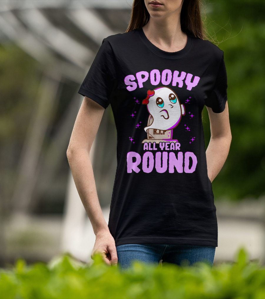 Spooky All Year Round Kawaii Ghost With Glittering Stars And Gravestone T-Shirt