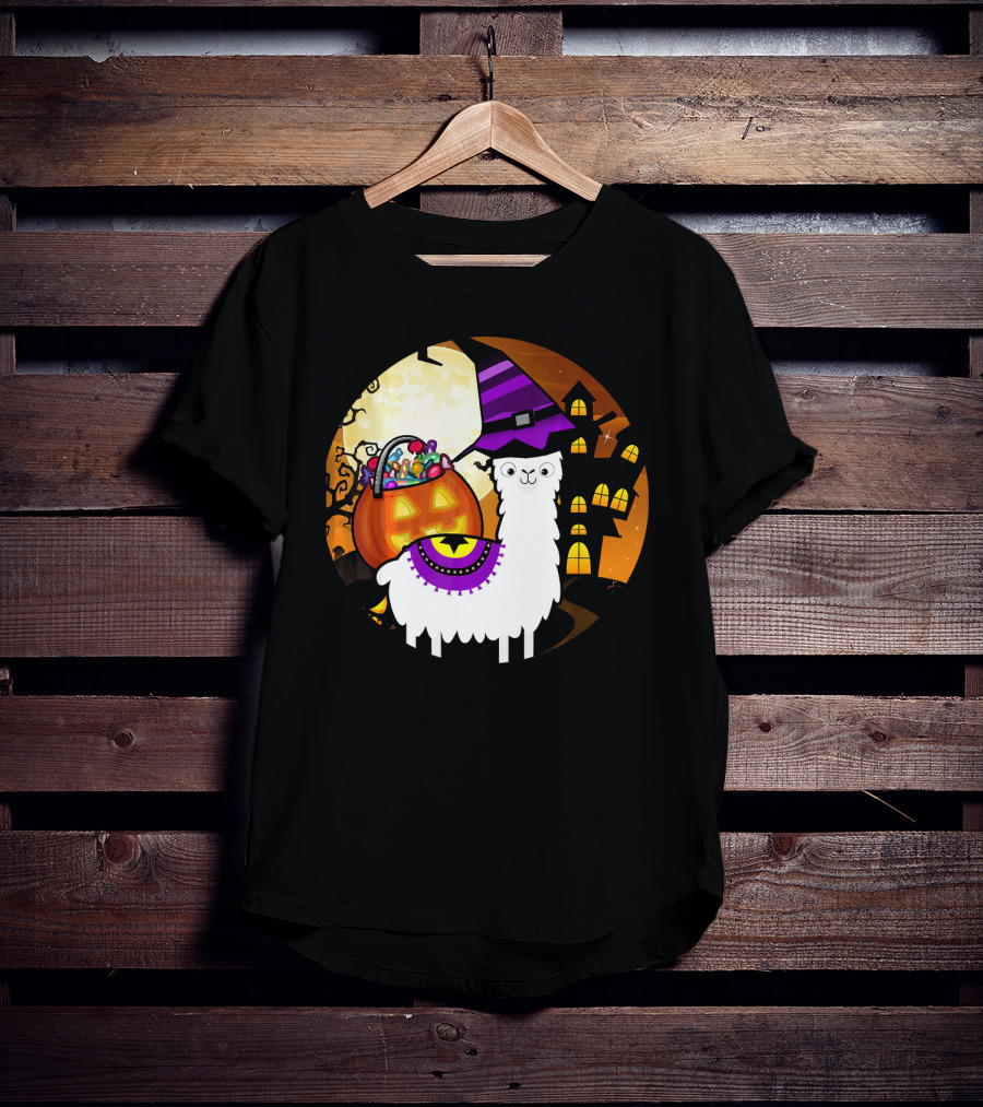 Halloween Llama Funny Alpaca With Witch Hat And Pumpkin House T-Shirt