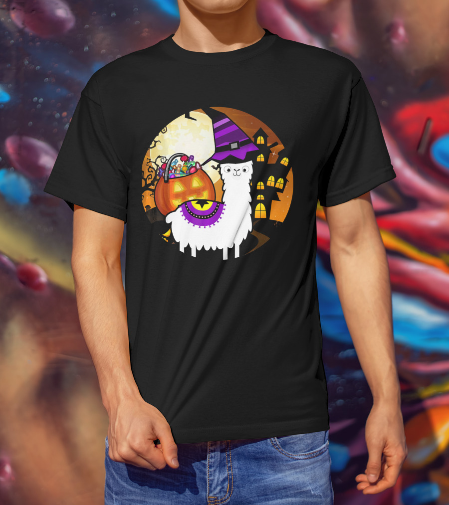 Halloween Llama Funny Alpaca With Witch Hat And Pumpkin House T-Shirt