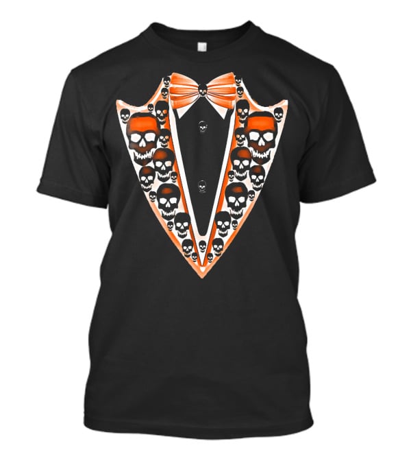 Tuxedo Skull Bowtie Pattern Orange And Black T-Shirt