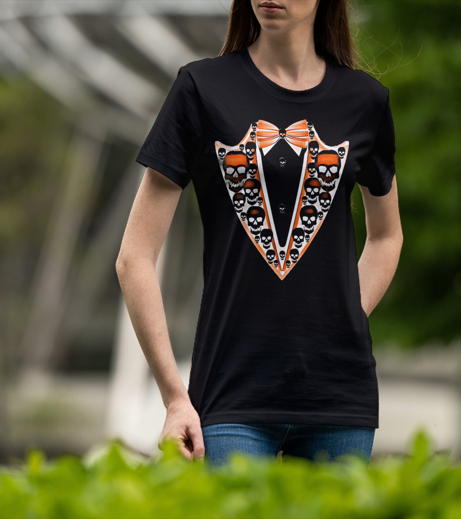 Tuxedo Skull Bowtie Pattern Orange And Black T-Shirt