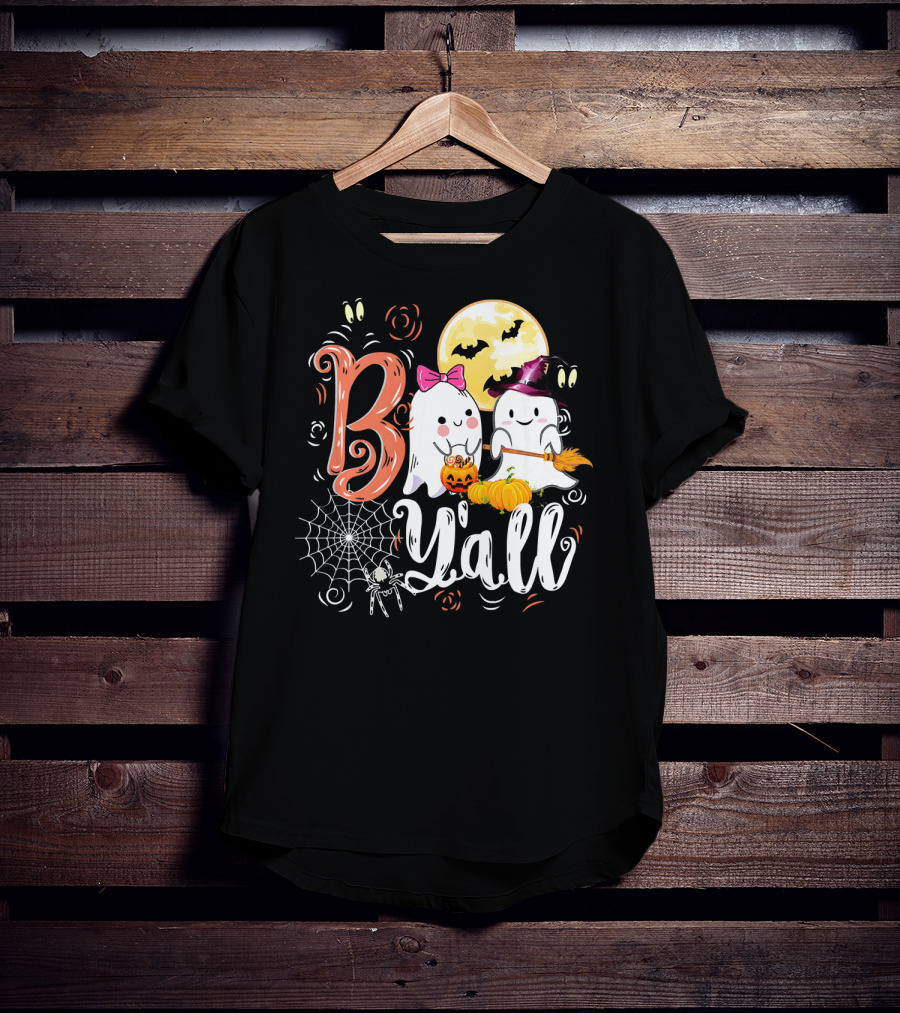 Boo Y’all Funny Ghosts With Pumpkin And Halloween Moon T-Shirt