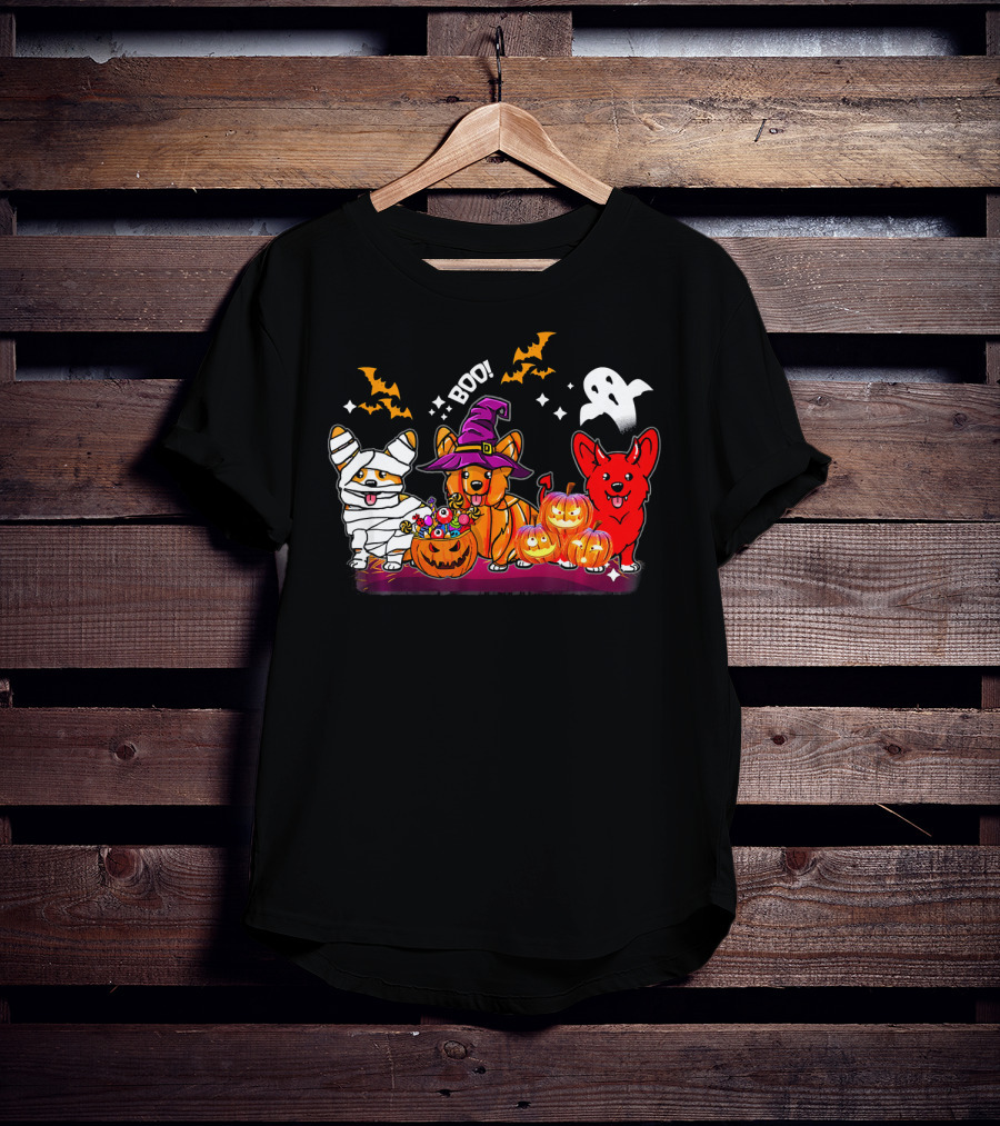 Halloween Three Corgis Witch Mummy Pumpkins Boo Ghost T-Shirt