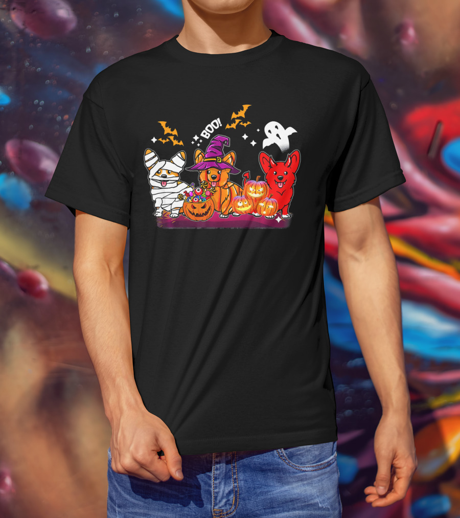 Halloween Three Corgis Witch Mummy Pumpkins Boo Ghost T-Shirt