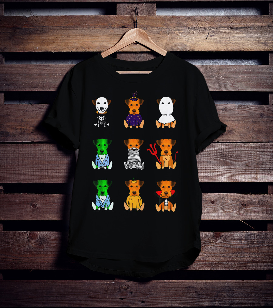 Airedale Terrier Halloween Costumes Skeleton Witch Ghost Zombie Mummy Devil Pumpkin Dracula T-Shirt