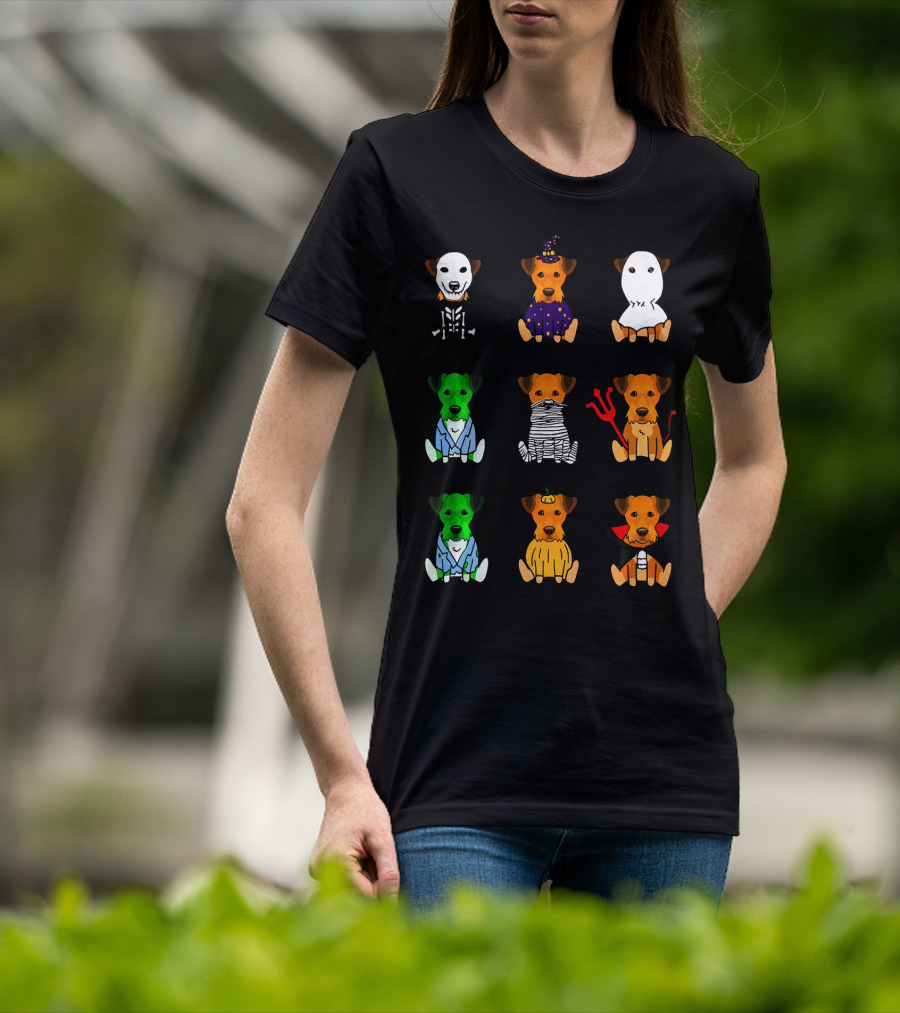 Airedale Terrier Halloween Costumes Skeleton Witch Ghost Zombie Mummy Devil Pumpkin Dracula T-Shirt