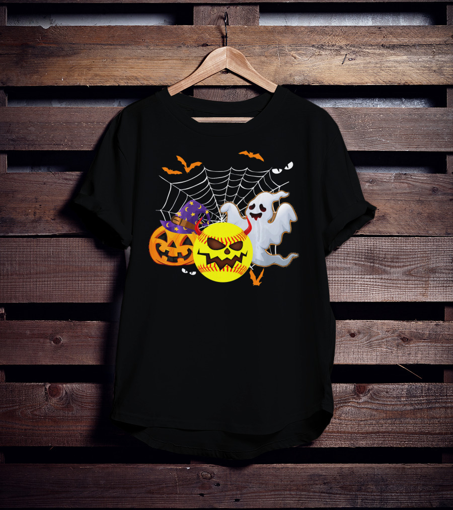 Halloween Softball Pumpkin Ghost Cobwebs And Bats Fun T-Shirt
