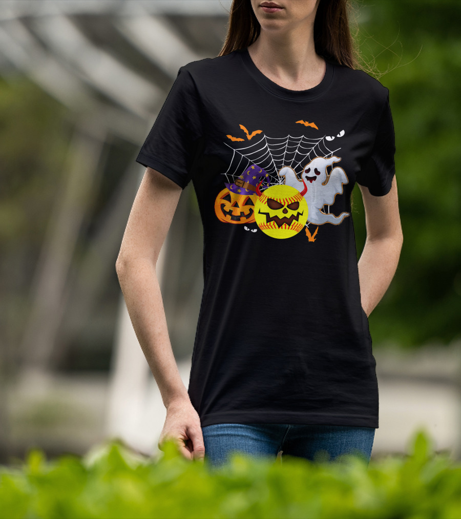 Halloween Softball Pumpkin Ghost Cobwebs And Bats Fun T-Shirt