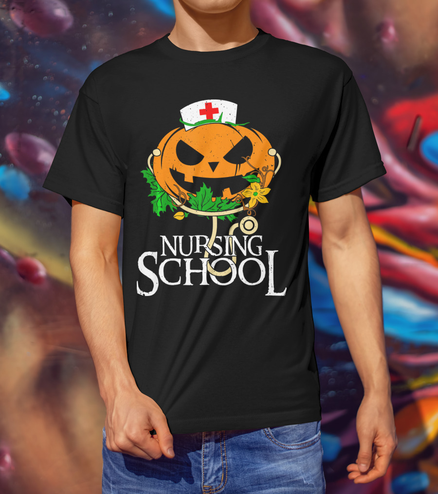 Nursing School Pumpkin With Stethoscope And Nurse Hat Jack-o'-Lantern T-Shirt