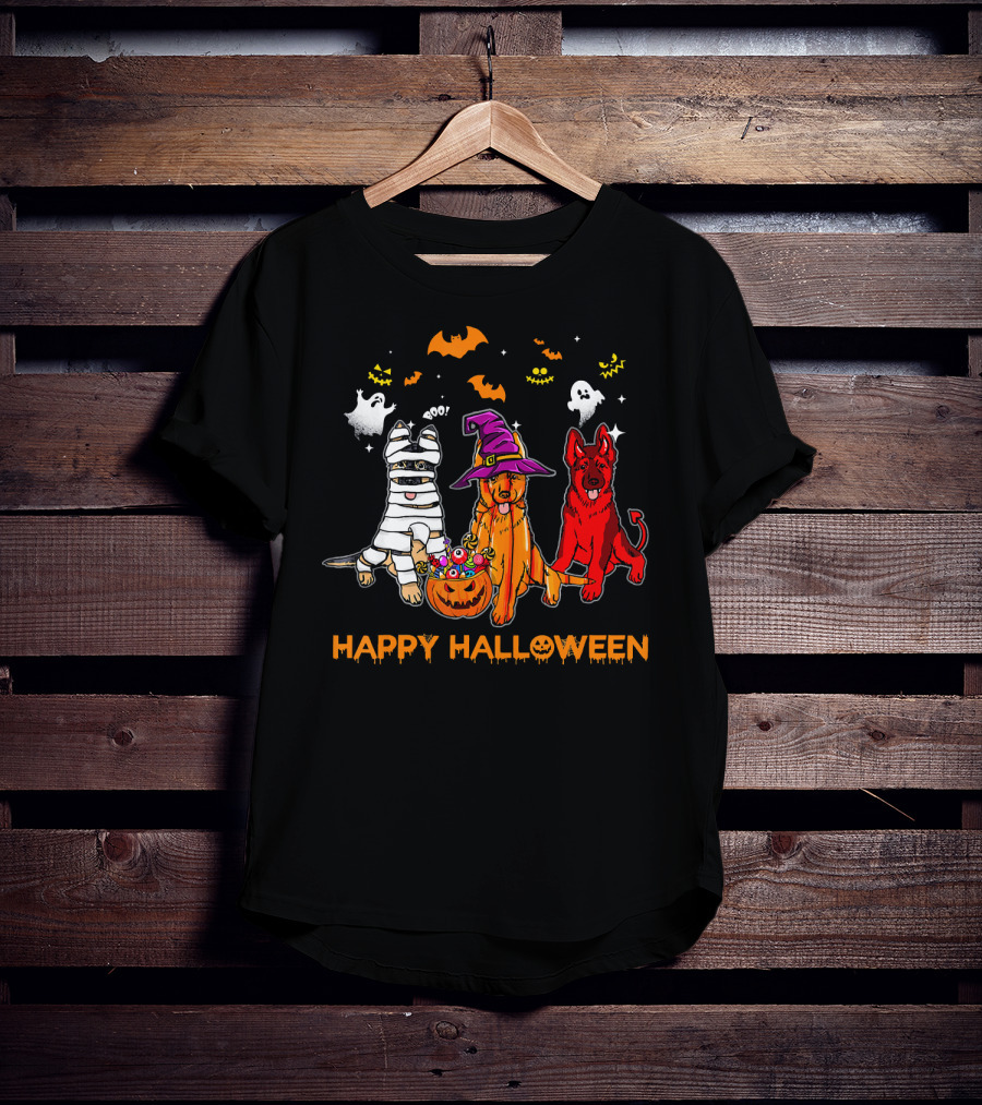 Happy Halloween Mummy Witch Devil Dogs With Ghosts And Bats T-Shirt