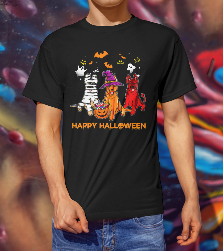 Happy Halloween Mummy Witch Devil Dogs With Ghosts And Bats T-Shirt