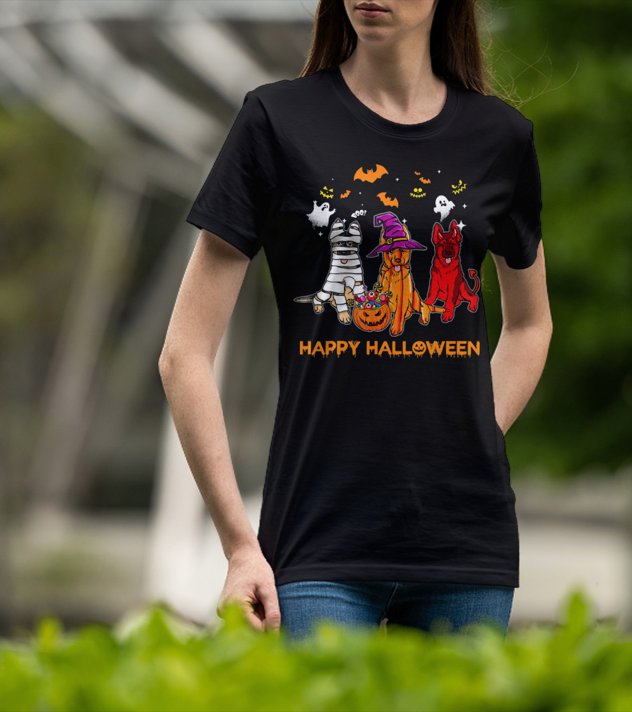 Happy Halloween Mummy Witch Devil Dogs With Ghosts And Bats T-Shirt