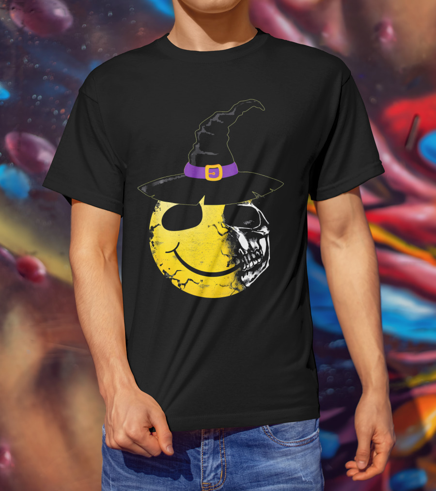Halloween Witch Hat Smiley Half Skull Face T-Shirt