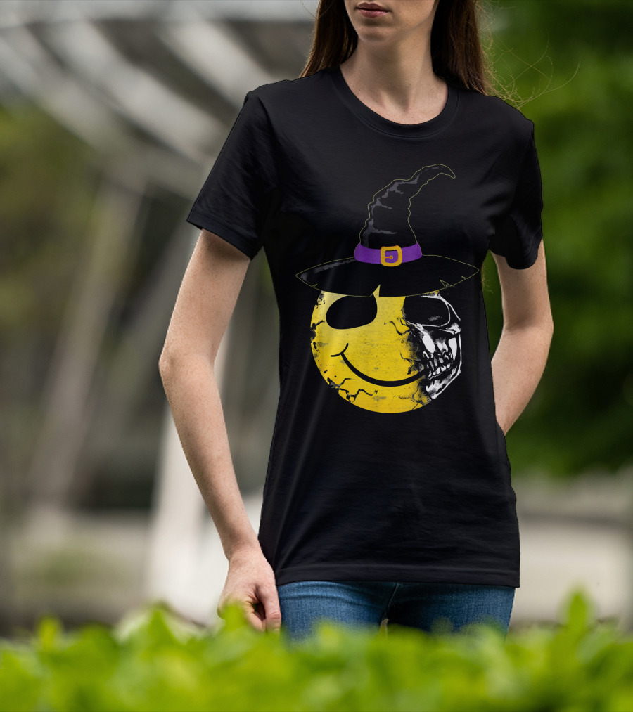 Halloween Witch Hat Smiley Half Skull Face T-Shirt