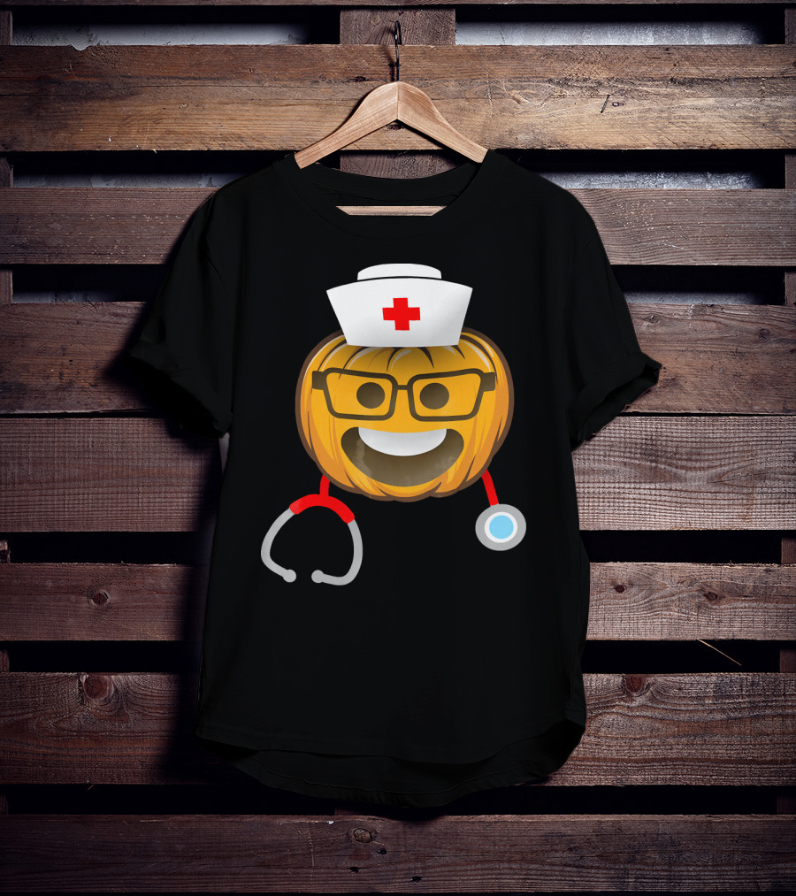 Nurse Halloween Pumpkin Emoji With Nerd Glasses And Stethoscope T-Shirt