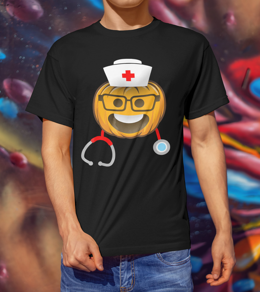 Nurse Halloween Pumpkin Emoji With Nerd Glasses And Stethoscope T-Shirt