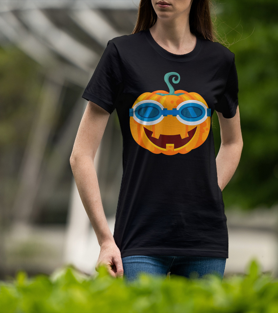 Swimming Pumpkin With Goggles Funny Halloween T-Shirt