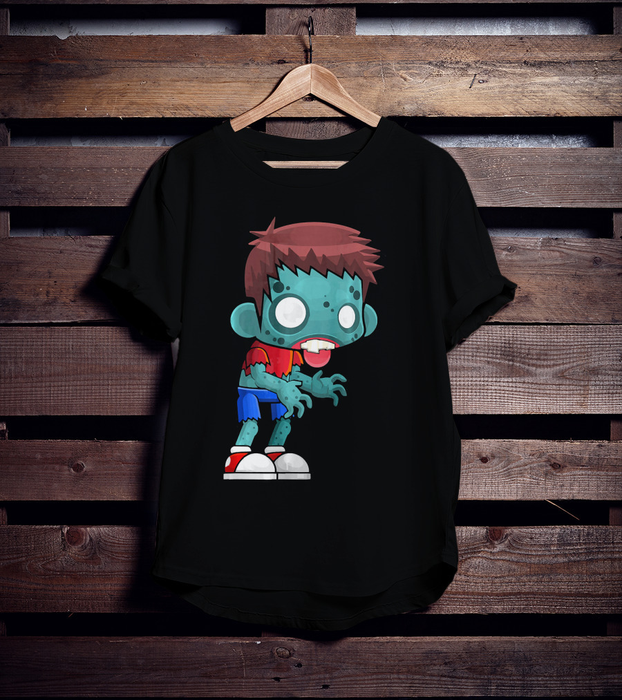 Zombie Boy Cartoon Character With Red Shirt And Blue Shorts T-Shirt