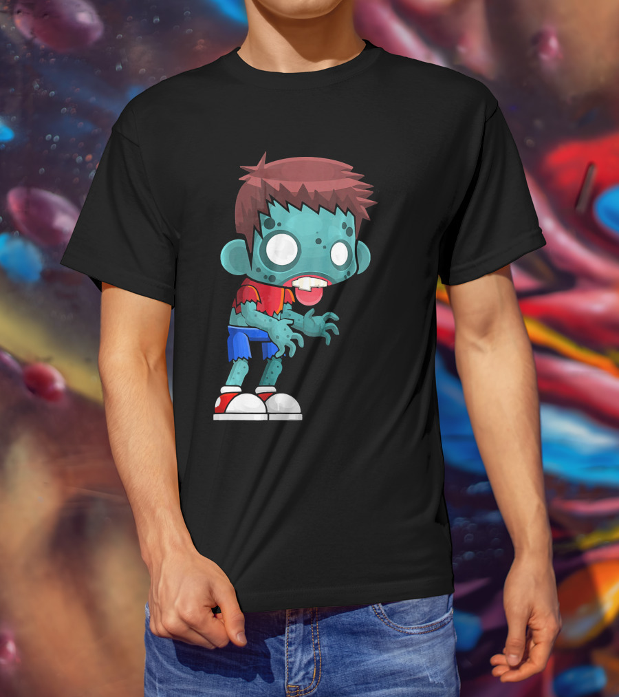 Zombie Boy Cartoon Character With Red Shirt And Blue Shorts T-Shirt
