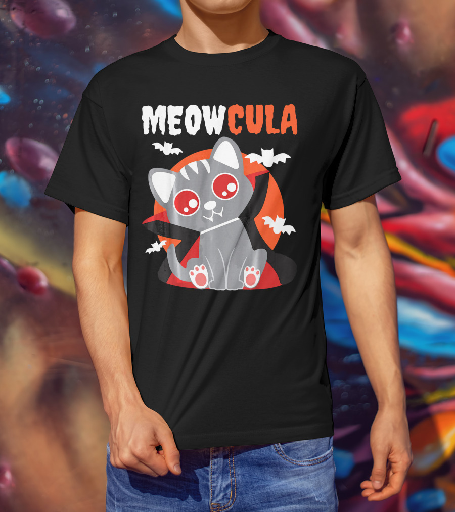 MEOWCULA Vampire Cat Halloween Dracula Bats T-Shirt