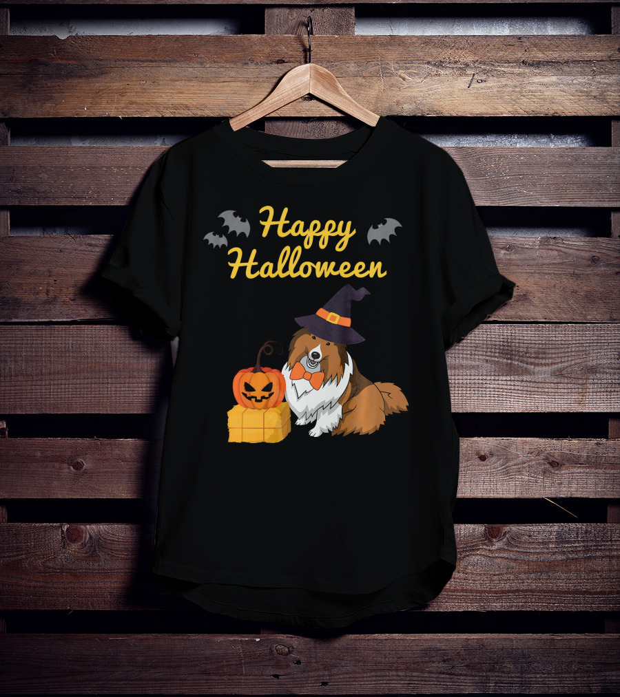 Happy Halloween Cute Sheltie With Witch Hat Pumpkins And Bats T-Shirt