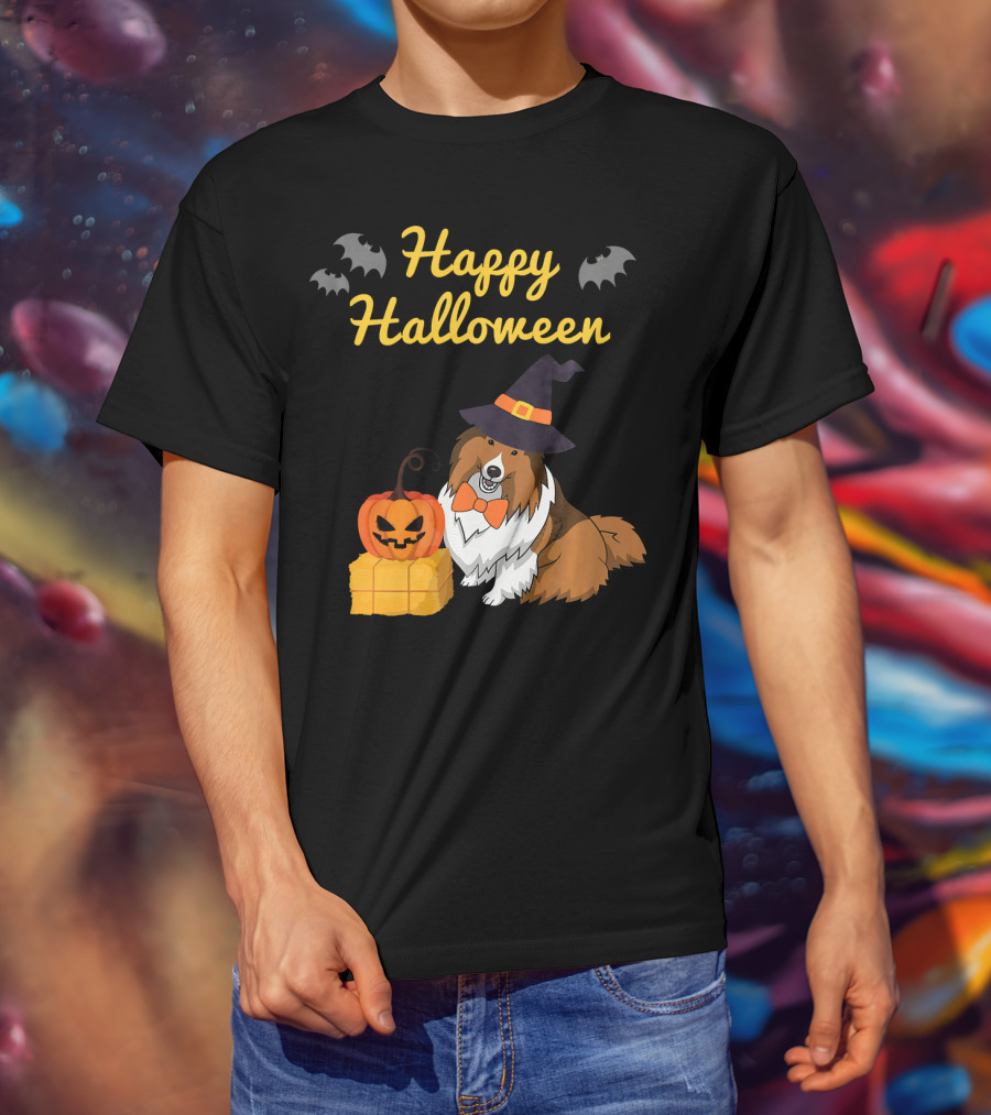 Happy Halloween Cute Sheltie With Witch Hat Pumpkins And Bats T-Shirt