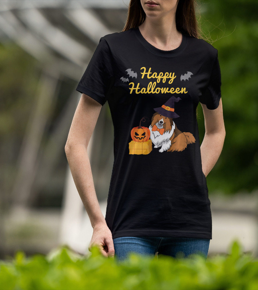 Happy Halloween Cute Sheltie With Witch Hat Pumpkins And Bats T-Shirt