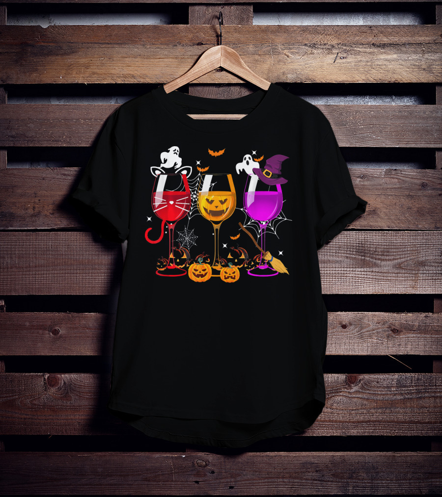 Halloween Ghost Cat Witch Pumpkin Three Glasses Of Wine T-Shirt