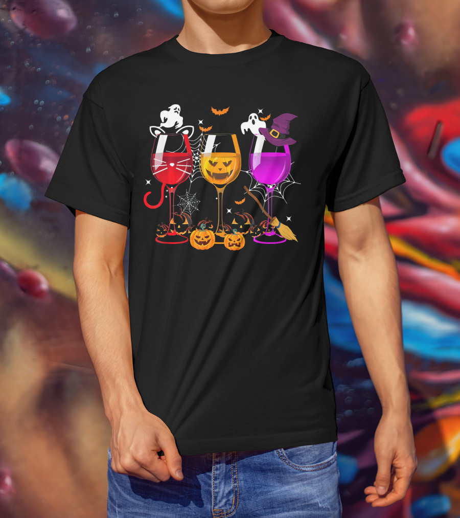 Halloween Ghost Cat Witch Pumpkin Three Glasses Of Wine T-Shirt