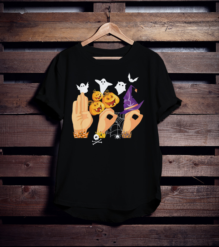 ASL Boo Sign Language Ghosts Pumpkins Witch Hat Halloween T-Shirt